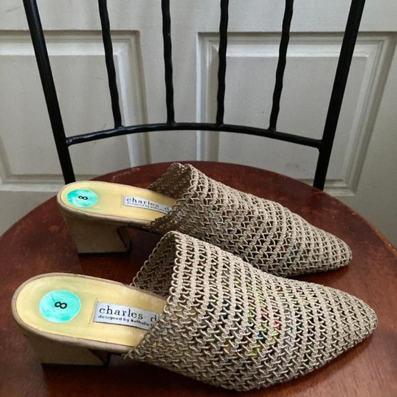 Charles David Taupe Beige Mesh Net Leather Mule Heels Size 8 - Picture 3 of 6